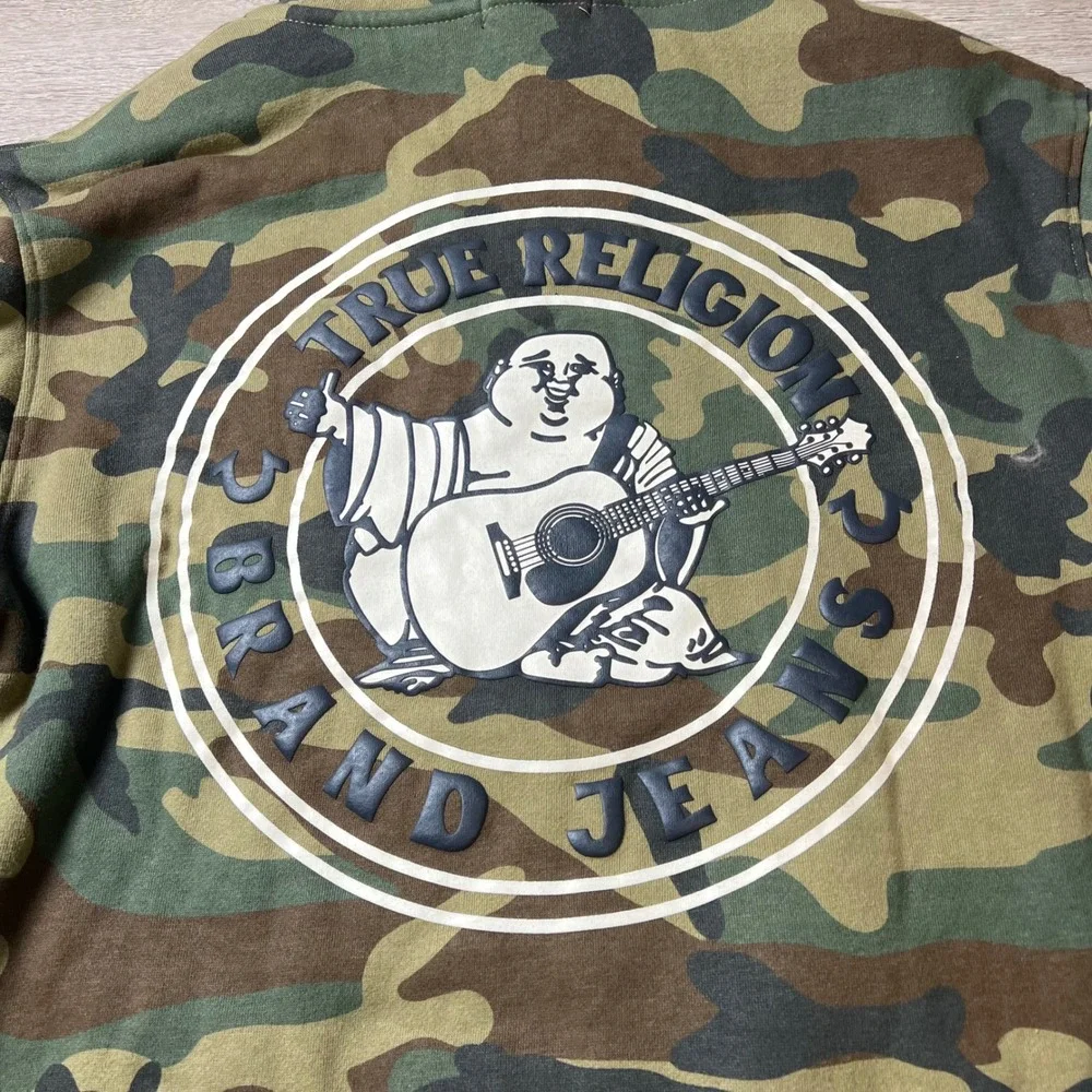 True Religion Hoodie Mens Camo Sherpa Lined Buddha Graphic Full Zip Jacket